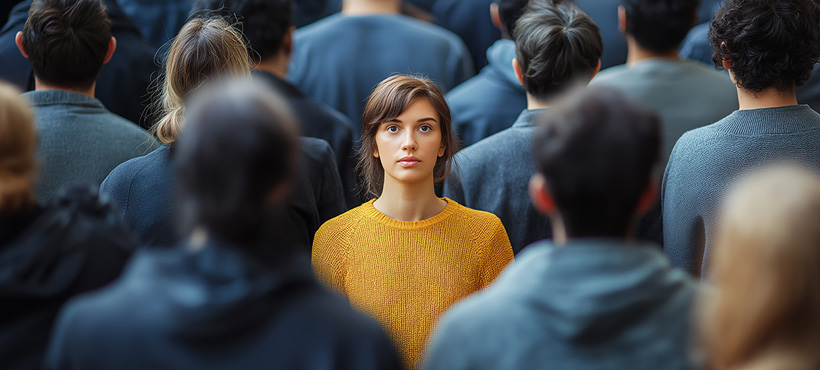 Woman in yellow jumper facing the camera with people in grey suits facing away Woman in yellow jumper facing the camera with people in grey suits facing away