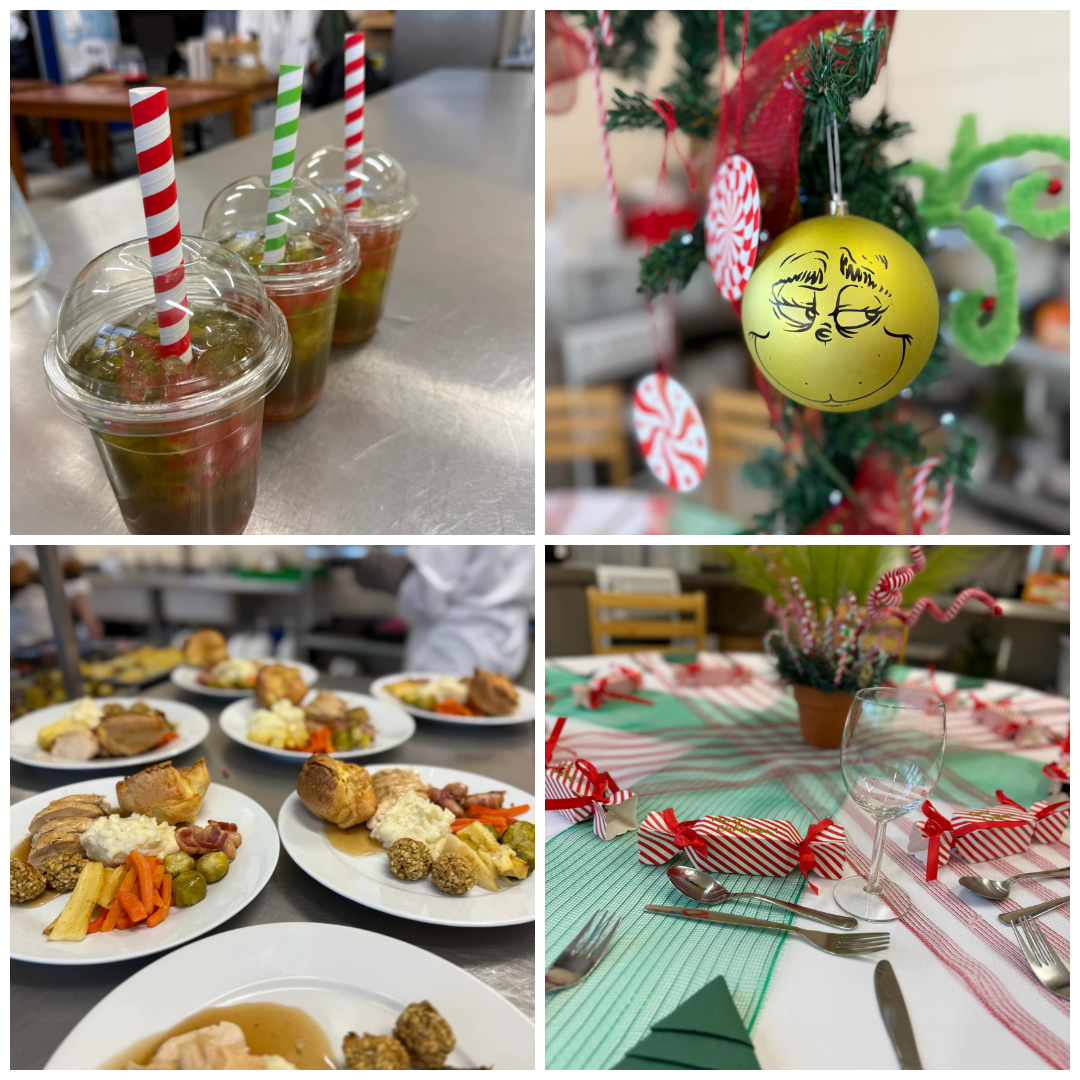 Three soft drinks with straws in them | A Grinch themed Christmas tree bauble | Plates of food on a table | A table laid with cutlery and Christmas crackers